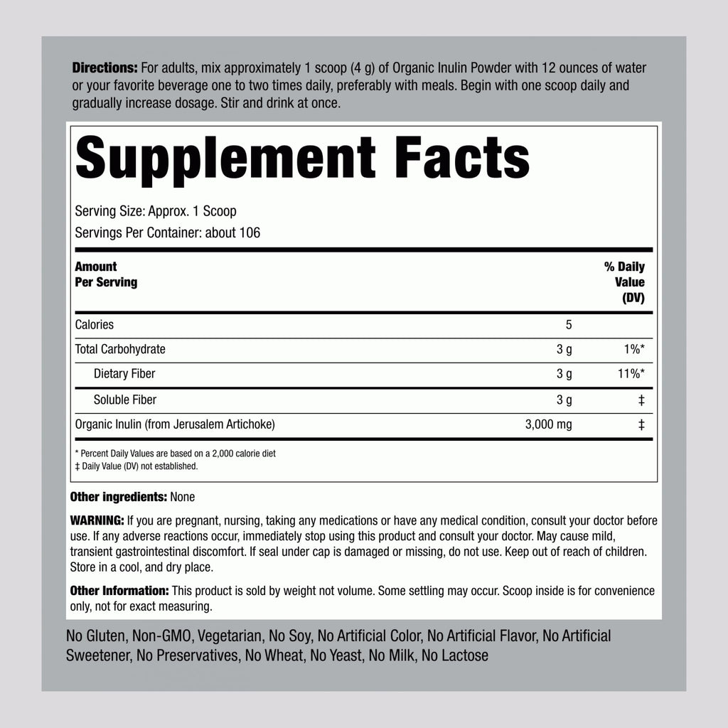 Piping Rock Organic Inulin Powder | 15 oz | Soluble Fiber Supplement | FOS Powder | Vegetarian, Non-GMO, Gluten Free Piping RockBuy Supplements Australia