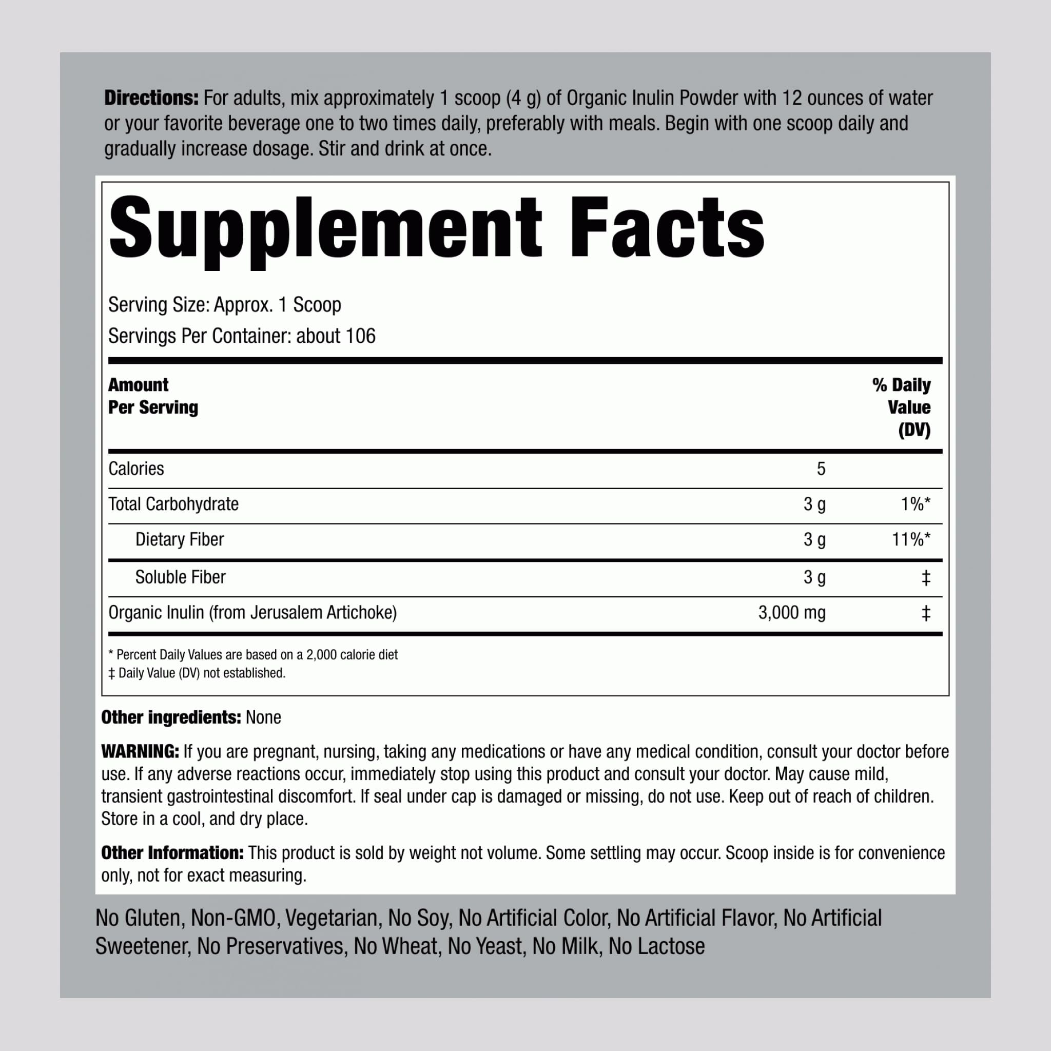 Piping Rock Organic Inulin Powder | 15 oz | Soluble Fiber Supplement | FOS Powder | Vegetarian, Non-GMO, Gluten Free Piping RockBuy Supplements Australia