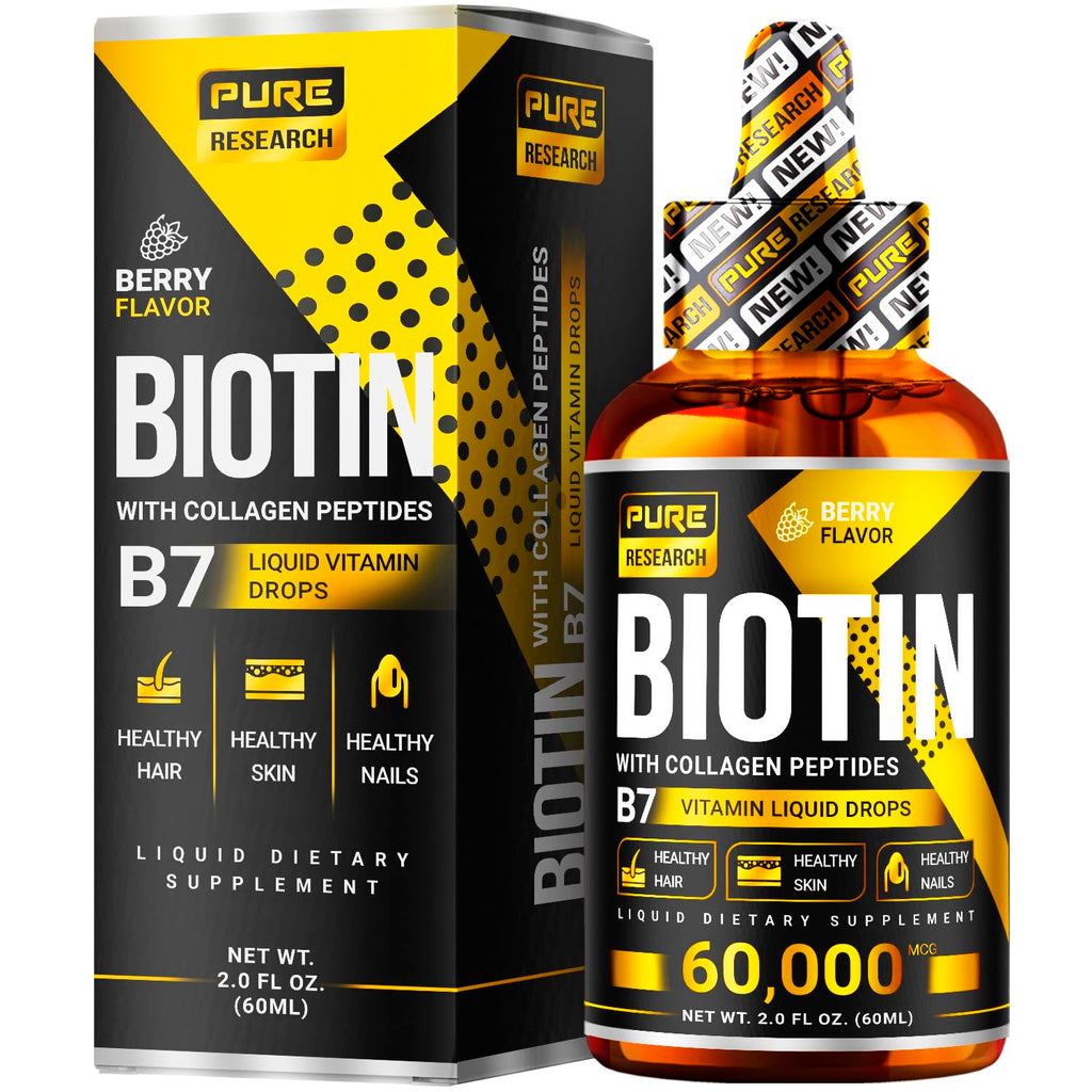 PURE RESEARCH Liquid Biotin & Collagen Hair Growth Drops 60,000mcg – Biotin and Liquid Collagen Supplements for Women & Men – Supports Glowing Skin