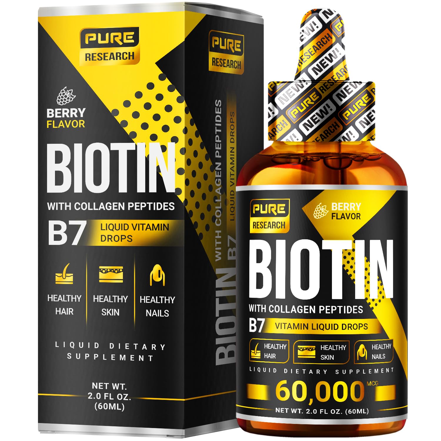PURE RESEARCH Liquid Biotin & Collagen Hair Growth Drops 60,000mcg – Biotin and Liquid Collagen Supplements for Women & Men – Supports Glowing Skin