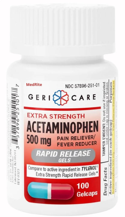MedRite Acetaminophen 500mg Extra Strength - 100 Rapid Release Gelcaps - Over-The-Counter Medication MedRiteBuy Supplements Australia