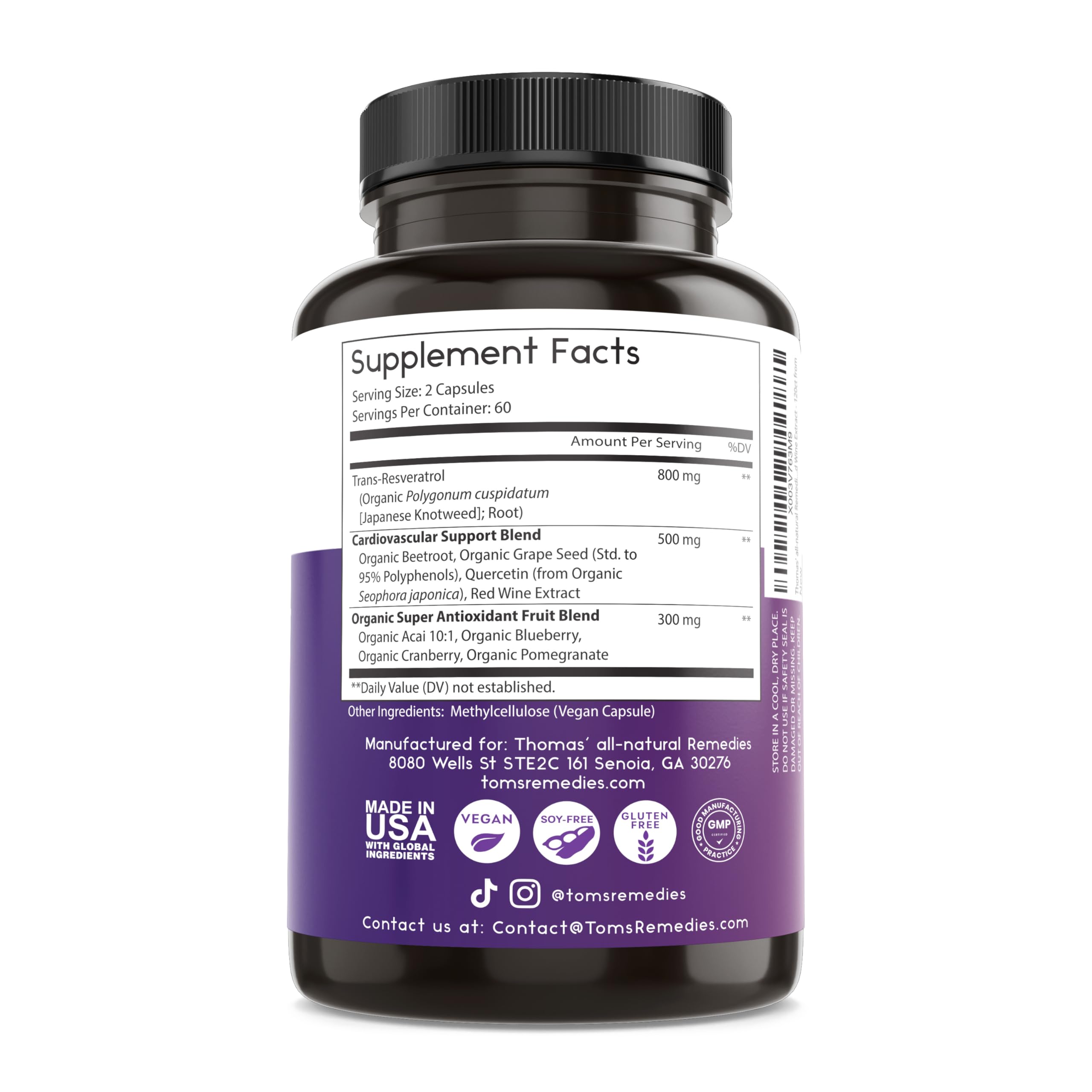 Thomas' all-natural Remedies Resveratrol 1600mg Organic Trans-Resveratrol Antioxidant Supplement with Organic Grape Seed Extract and Quercetin