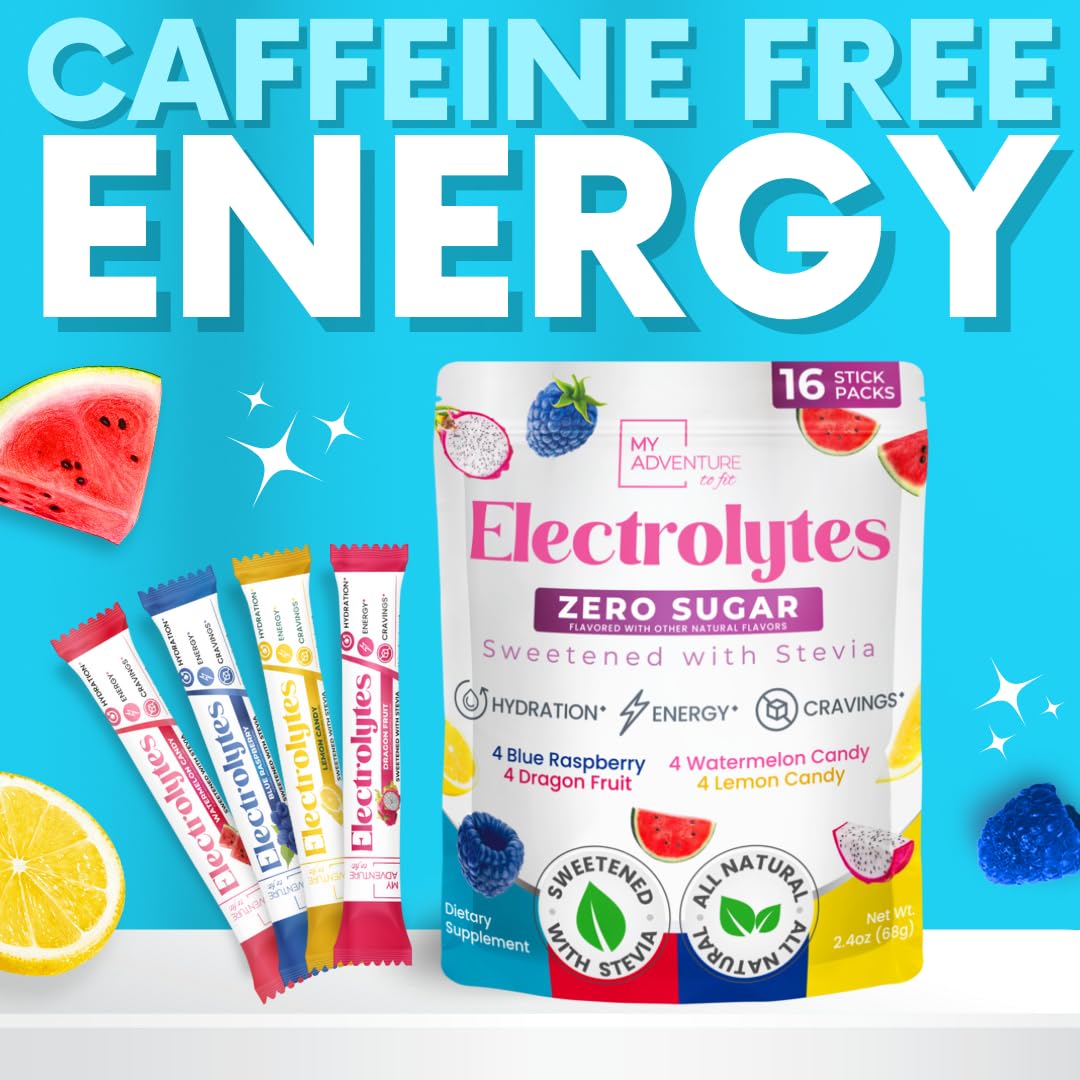 My Adventure to Fit Electrolytes Powder Packets – 16 Sugar-Free Hydration Packets, Potassium Supplement, Watermelon Candy, Blue Raspberry, Lemon Candy, Dragon Fruit