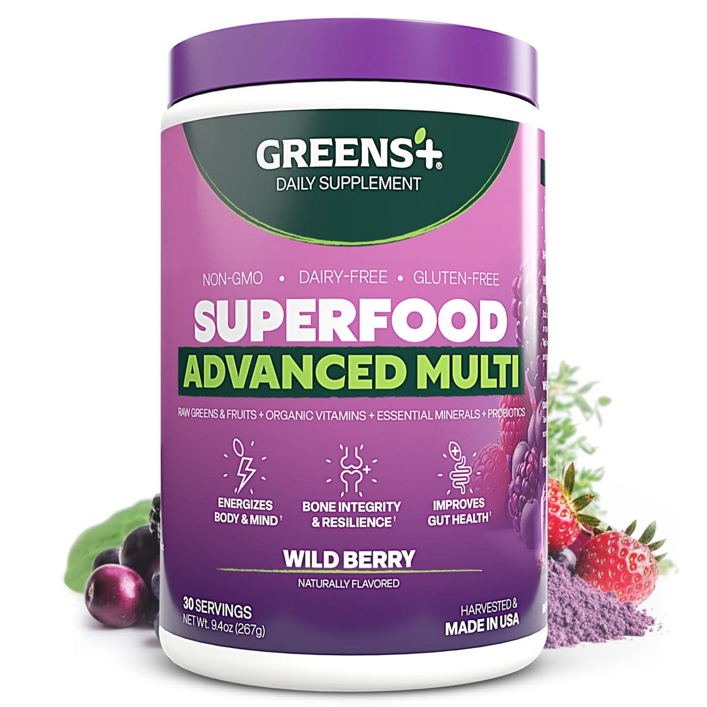 Greens+ Advanced Multi Wild Berry Superfood Powder, Organic Blend, Vegan, Non-GMO, Soy-Free, Dairy-Free, Gluten-Free, Dietary Supplement with Vitamins & Minerals, 9.4 oz Greens+Buy Supplements Australia