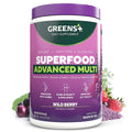 Purple supplement container labeled 'Greens+' with wild berry flavor on a white background