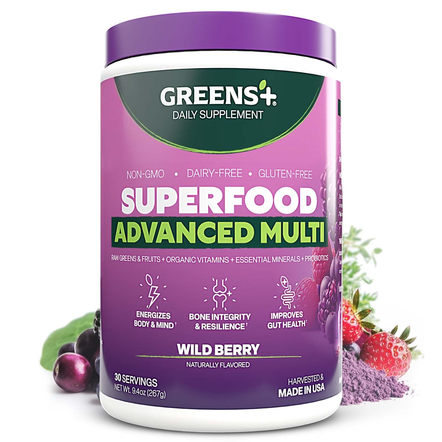 Purple supplement container labeled 'Greens+' with wild berry flavor on a white background