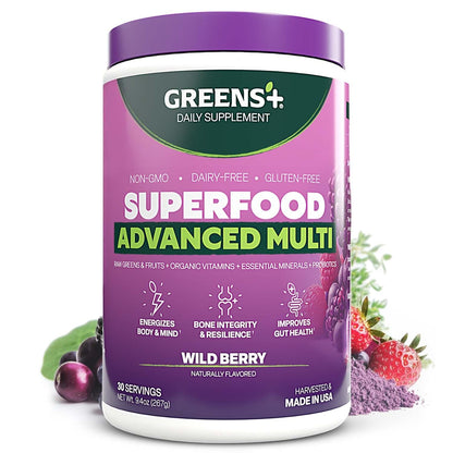 Purple supplement container labeled 'Greens+' with wild berry flavor on a white background