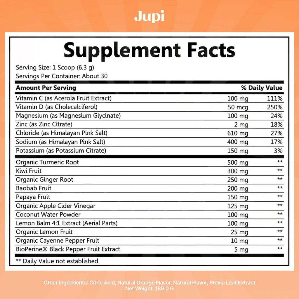 Jupi Hydration & Wellness Powder – Turmeric & Ginger shots, Vitamin C Supplement for Energy, Immune Support & Digestive Health – Vegan, Gluten-Free Drink Mix