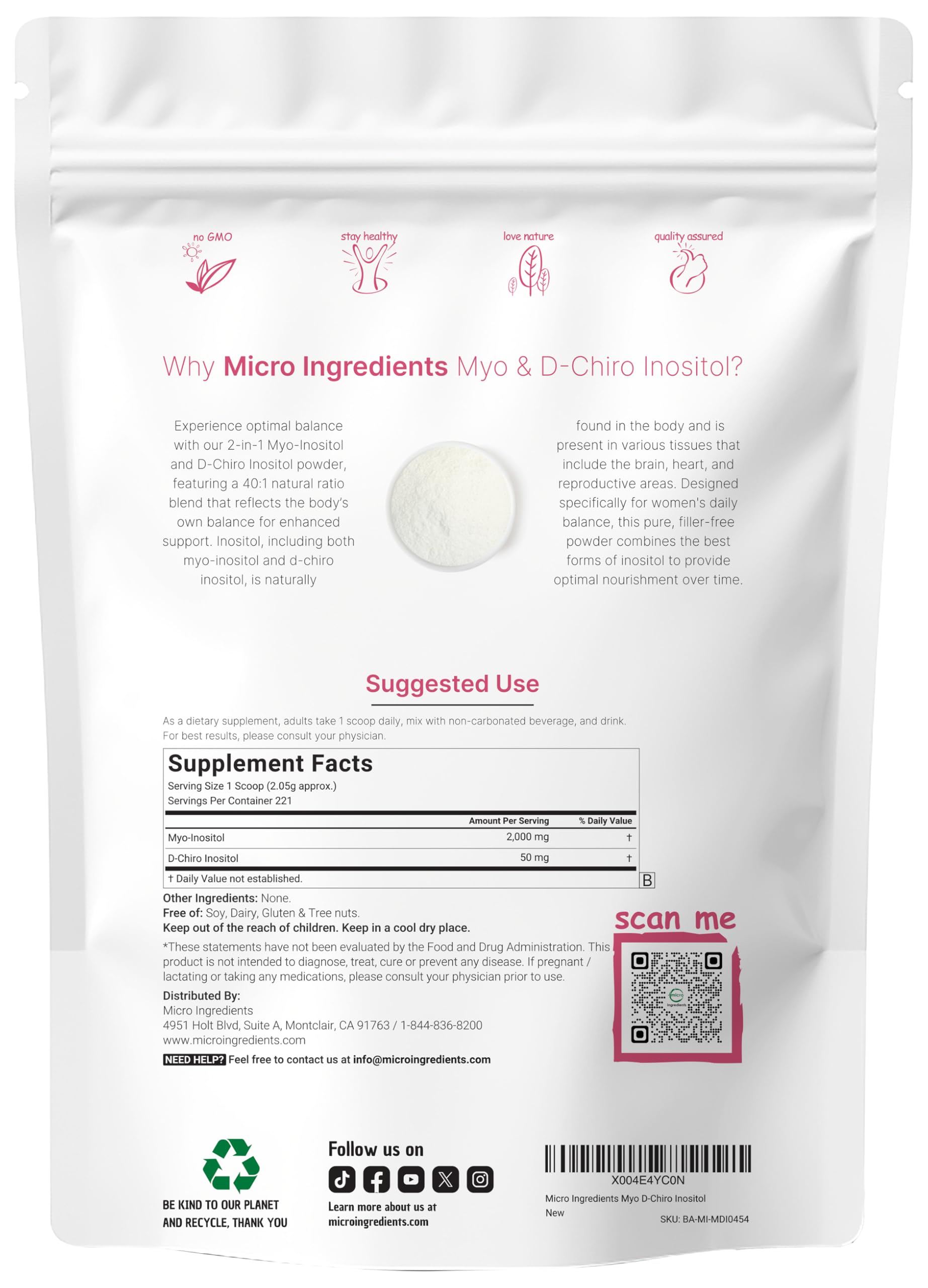 Micro Ingredients Myo-Inositol & D-Chiro Inositol Powder, 1lb (221 Servings) | 40:1 Ideal Ratio Inositol Supplement for Women | Supports Hormonal Balance