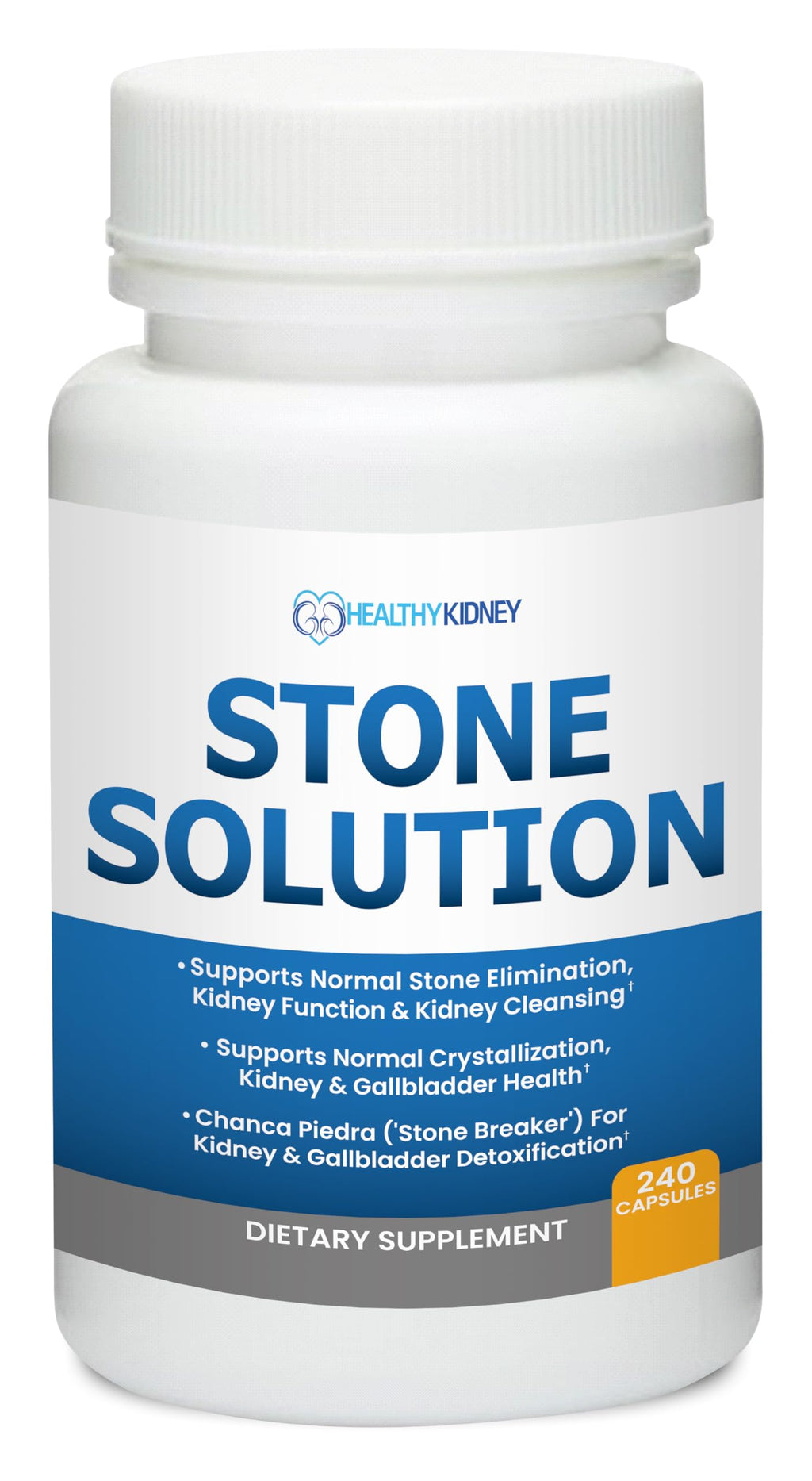 Supplement bottle labeled 'Stone Solution' by Healthy Kidney on a white background