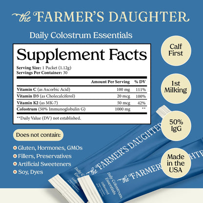 THE FARMER'S DAUGHTER Colostrum Powder | Unflavored | Gut Health & Bloating | Hair, Skin & Nails | Immunity Supplement | 30 Individual Travel Stick Packs THE FARMER'S DAUGHTER buy supplements Au