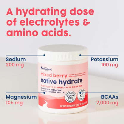 NativePath Hydrate, Zero Sugar, Electrolytes Powder with BCAAs, Mixed Berry Hydration, Keto & Paleo Friendly, 30 Servings