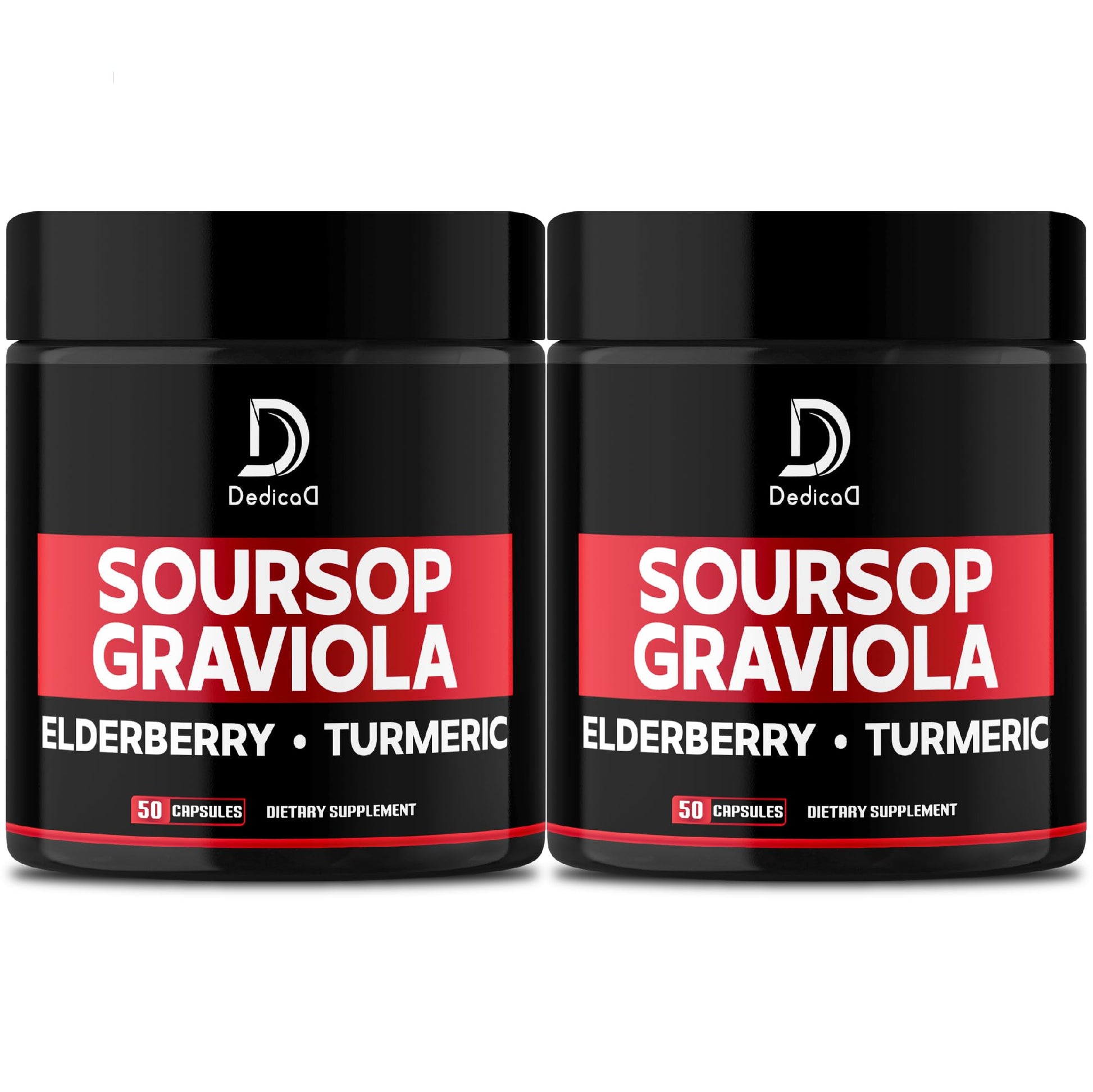 Two bottles of Deditca Soursop Graviola dietary supplement with black and red labels on a white background.