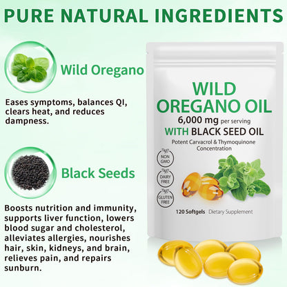 Tooffi Oil of Oregano Softgels,Oregano Oil Capsules Organic,2-in-1 6000mg Oil of Oregano with Black Seed Oil 200mg,Oregano Oil