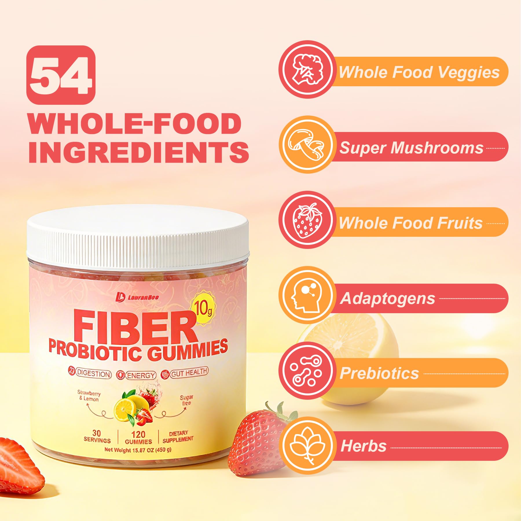 10g Fiber Gummies for Adults with Probiotics, Sugar Free Fiber Supplement with Organic Super Greens & Digestive Enzymes, Supports Gut Health,