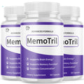 Three bottles of MemoTril dietary supplements with purple and white labels.