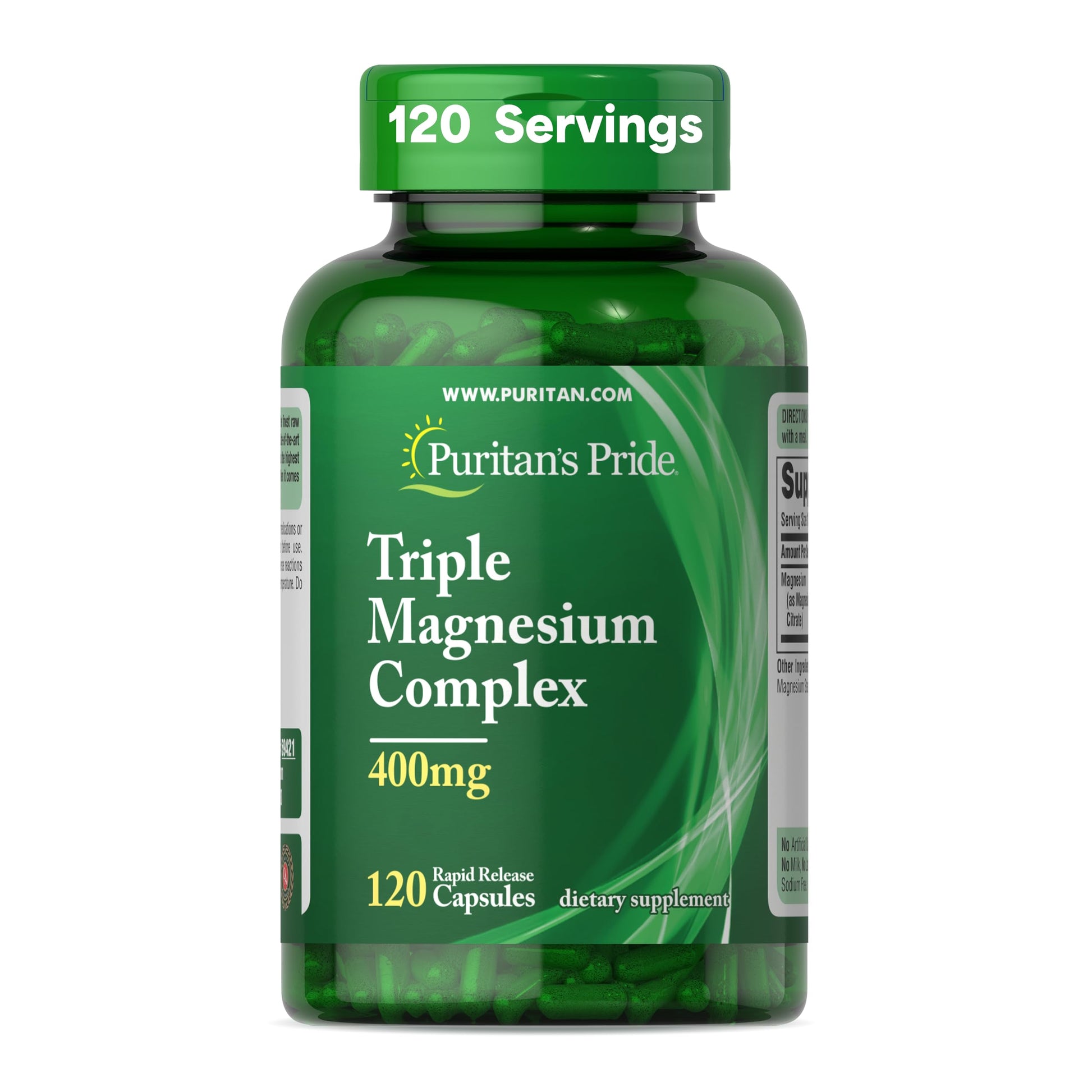 Green bottle of Puritan's Pride Triple Magnesium Complex supplement on a white background