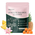 Package of 4Birdies Feminine Balance Gummies with pineapple slices and a flower on a white background