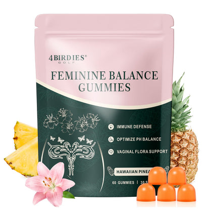 Package of 4Birdies Feminine Balance Gummies with pineapple slices and a flower on a white background