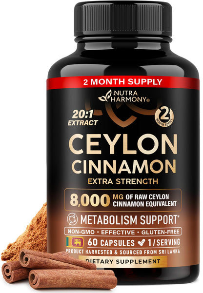 Ceylon Cinnamon Capsules - Extra Strength - Energy Heart & Metabolism Support for Men & Women - Pure Natural Cinnamon 20:1 Extract Supplement