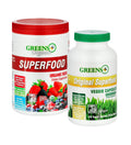 Two bottles of Greens Organics superfood products on a white background