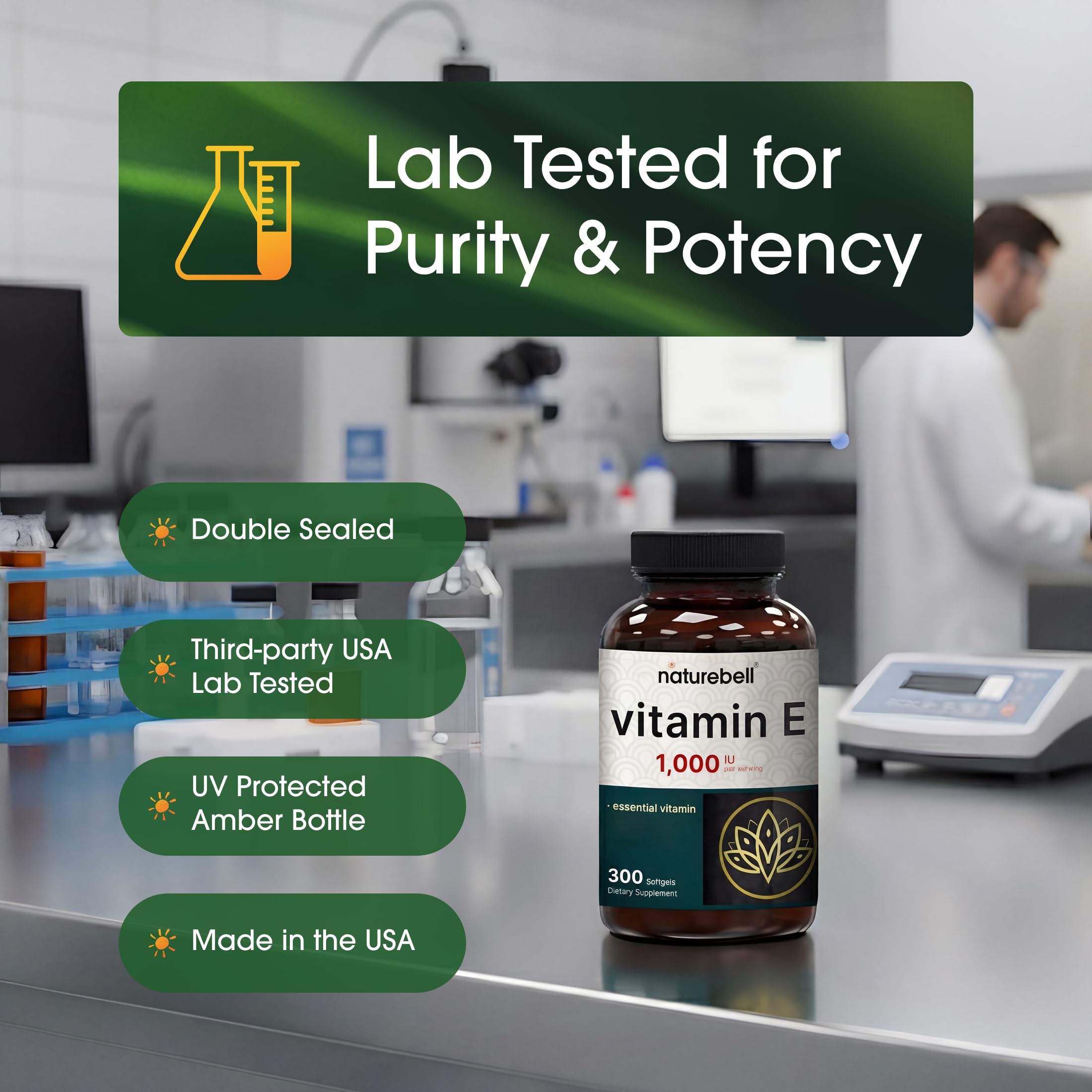 NatureBell Vitamin E 1,000 IU Per Serving - 300 Softgels - Antioxidant Supplement for Skin, Heart & Brain Health Support