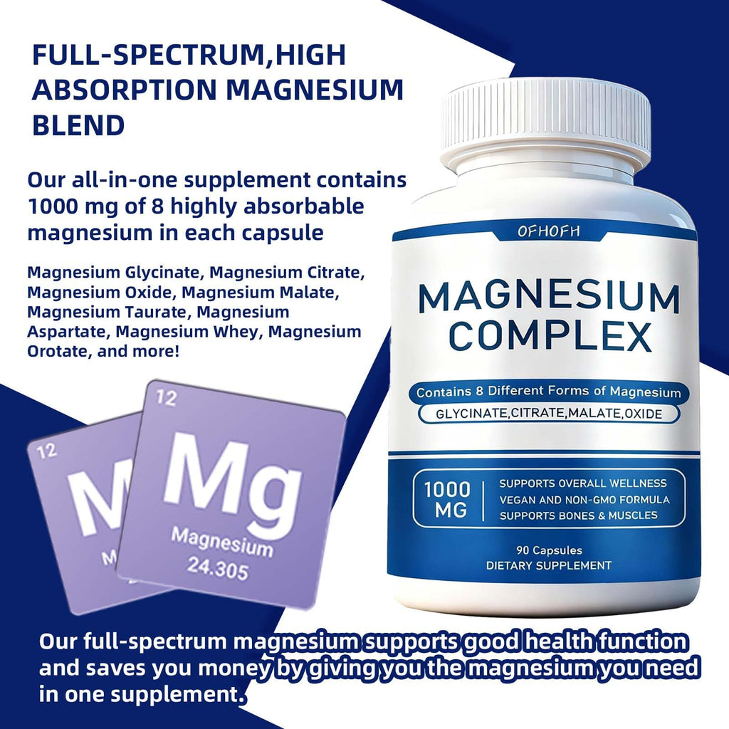Magnesium Complex Supplement 8 Elemental - Magnesium Glycinate, Citrate, Malate, Oxide | Easy Absorption for Bones, Muscle, Energy, Vegan, Non-GMO 90 Capsules (1pc) OFHOFH buy supplements Au