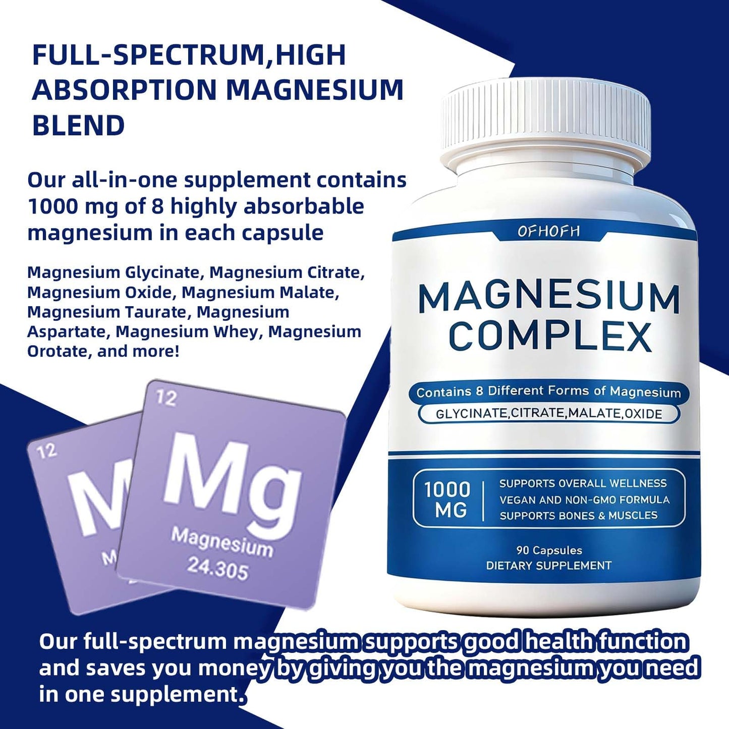 Magnesium Complex Supplement 8 Elemental - Magnesium Glycinate, Citrate, Malate, Oxide | Easy Absorption for Bones, Muscle, Energy, Vegan, Non-GMO 90 Capsules (1pc) OFHOFH buy supplements Au