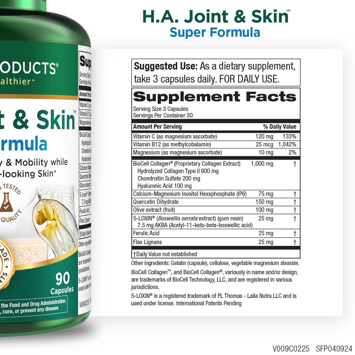 Purity Products H.A. Joint and Skin Super Formula Biocell Collagen w/Hyaluronic Acid Supports Healthy Joint Flexibility, Healthy Synovial Fluid, and Lubrication - 5-Loxin - 90 Capsules (1) Purity ProductsBuy Supplements Australia
