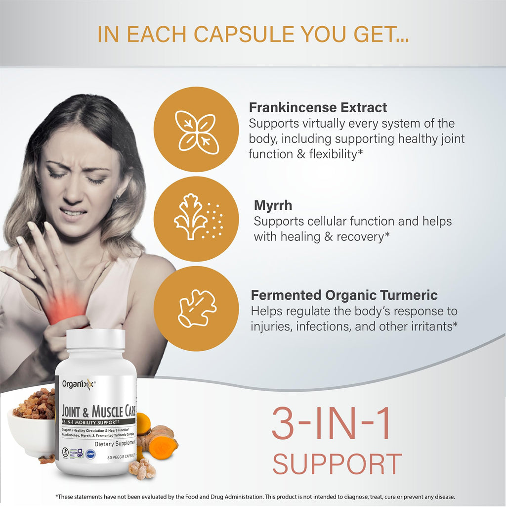 Organixx Joint & Muscle Care Organic Turmeric Supplement, 3-in-1 Frankincense, Turmeric and Myrrh Joint Health & Joint Support Supplement Body Care Capsules, Supports Swelling, Tension, 60 Capsules OrganixxBuy Supplements Australia