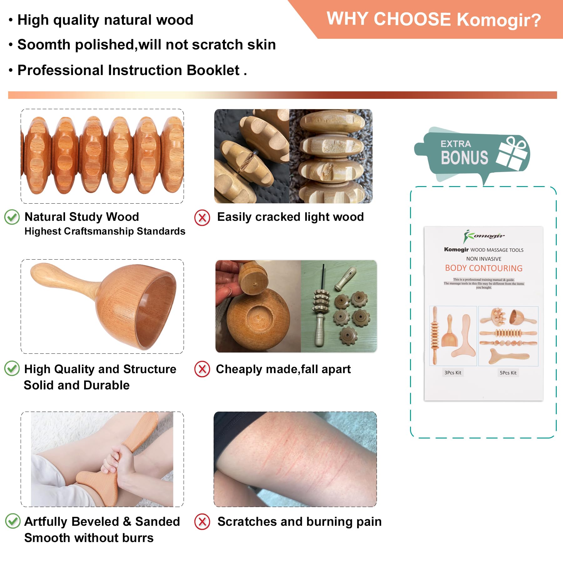 Komogir 3-in-1 Wood Therapy Massage Tools Lymphatic Drainage Massager Wooden Massager for Maderoterapia,Anti-Cellulite, Body Sculpting & Contouring Komogir buy supplements Au