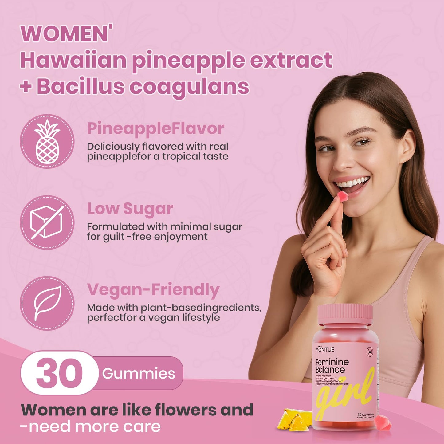 Montue Premium Diamond Feminine Balance Gummies-pH Balance with Prebiotics & Lactobacillus Probiotic Blend&Hawaiian Pineapple Immune Support,Vegan& Non-GMO（30 Gummies） Montue buy supplements Au