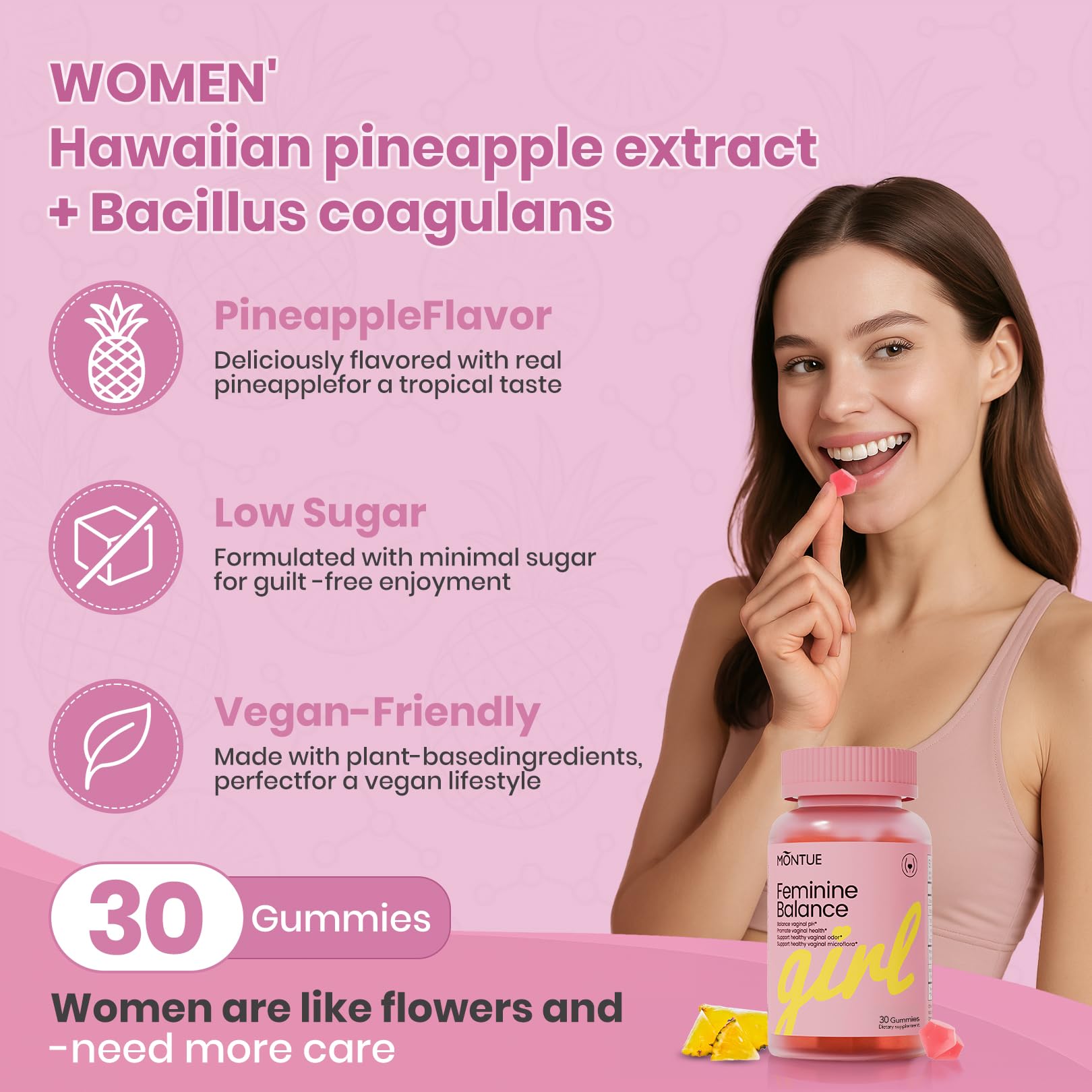 Montue Premium Diamond Feminine Balance Gummies-pH Balance with Prebiotics & Lactobacillus Probiotic Blend&Hawaiian Pineapple Immune Support,Vegan& Non-GMO（30 Gummies） Montue buy supplements Au