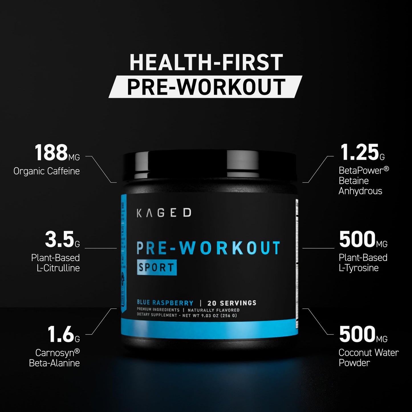 Kaged Sport Pre Workout Powder for Men & Women, Mango Lime, Sport Certified, 188mg Caffeine, Nitric Oxide Supplement, Beta Alanine for Energy, Weightlifting