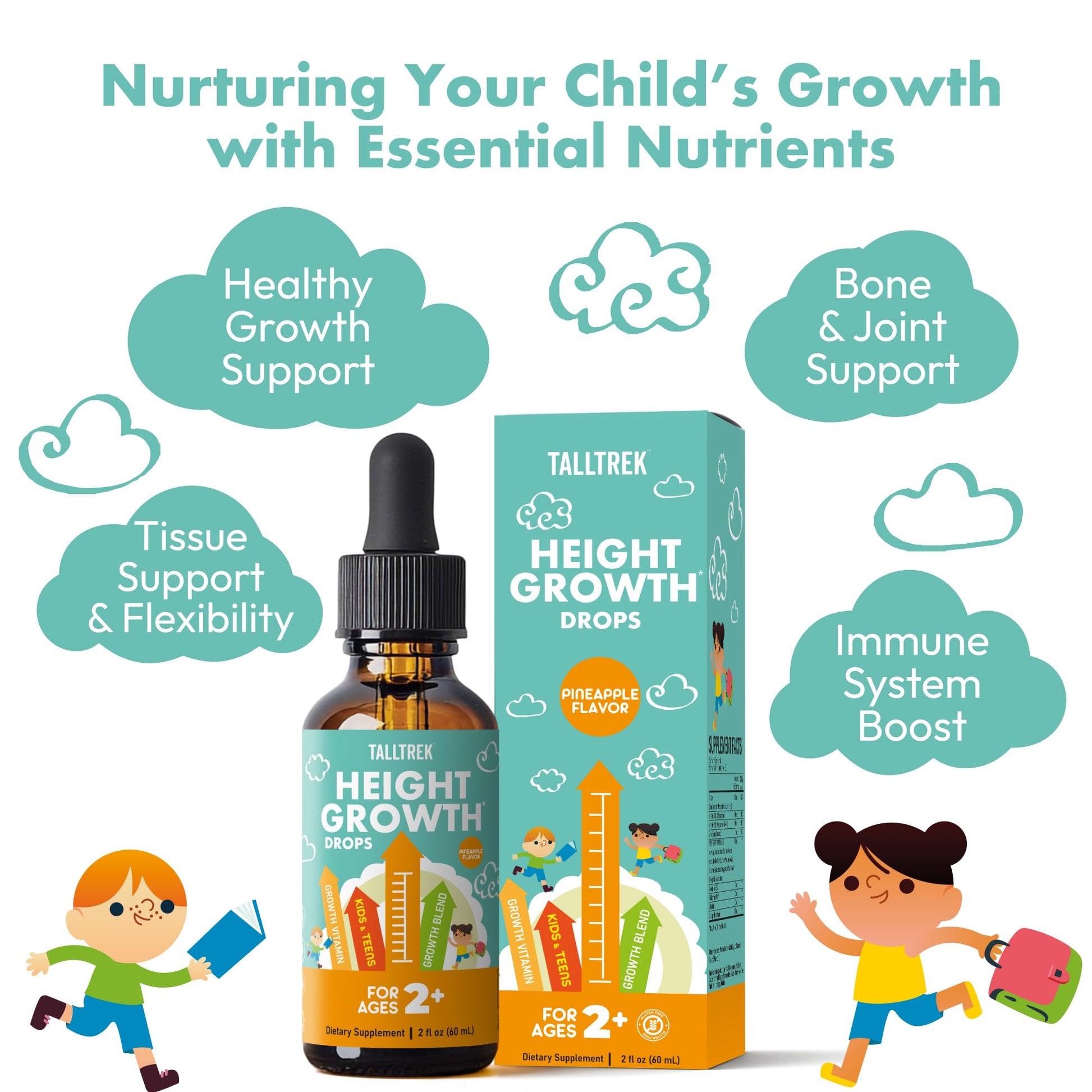 TallTrek Height Growth Supplement Drops for Kids - Teens Bone Growth Height Increase and Maximizer Immune Health Drops with Vitamins D3 K2 Zinc & Calcium - Gluten Free Vegan Pineapple Flavor TallTrekBuy Supplements Australia