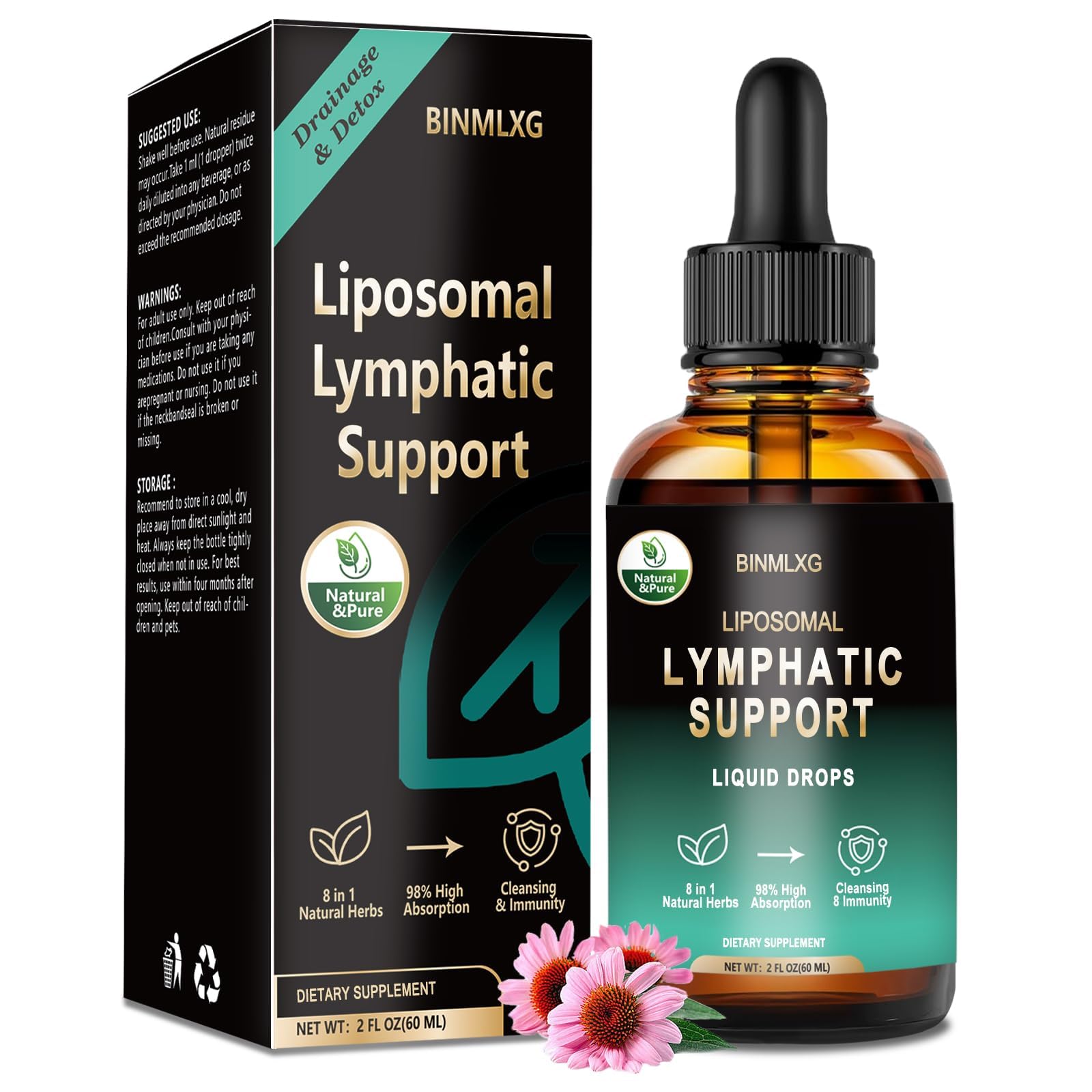 BINMLXG Liposomal Lymphatic Drainage Drops, 8-Herb Formula with Echinacea, Elderberry, Burdock Root Blend, for Lymphatic Drainage, Immune Support, Cleanse & Detox, 2 Fl Oz BINMLXG buy supplements Au