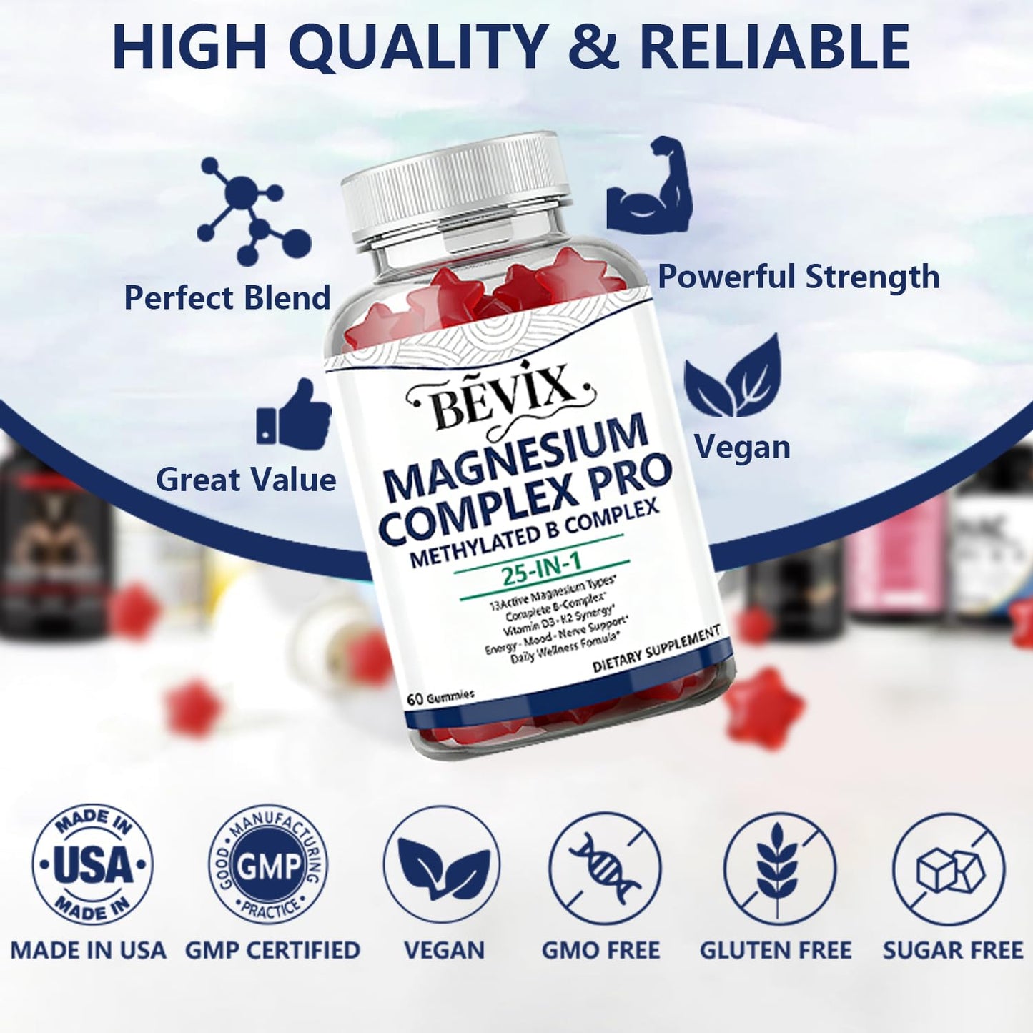 BEVIX Magnesium Complex Gummies with Methylated B Complex Magnesium Glycinate Citrate Malate Taurate Gluconate Aspartate Carbonate D3 K2, Magnesium for Relaxation Energy & Nerve, 60 Gummies BEVIX buy supplements Au