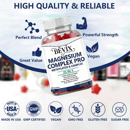 BEVIX Magnesium Complex Gummies with Methylated B Complex Magnesium Glycinate Citrate Malate Taurate Gluconate Aspartate Carbonate D3 K2, Magnesium for Relaxation Energy & Nerve, 60 Gummies BEVIX buy supplements Au