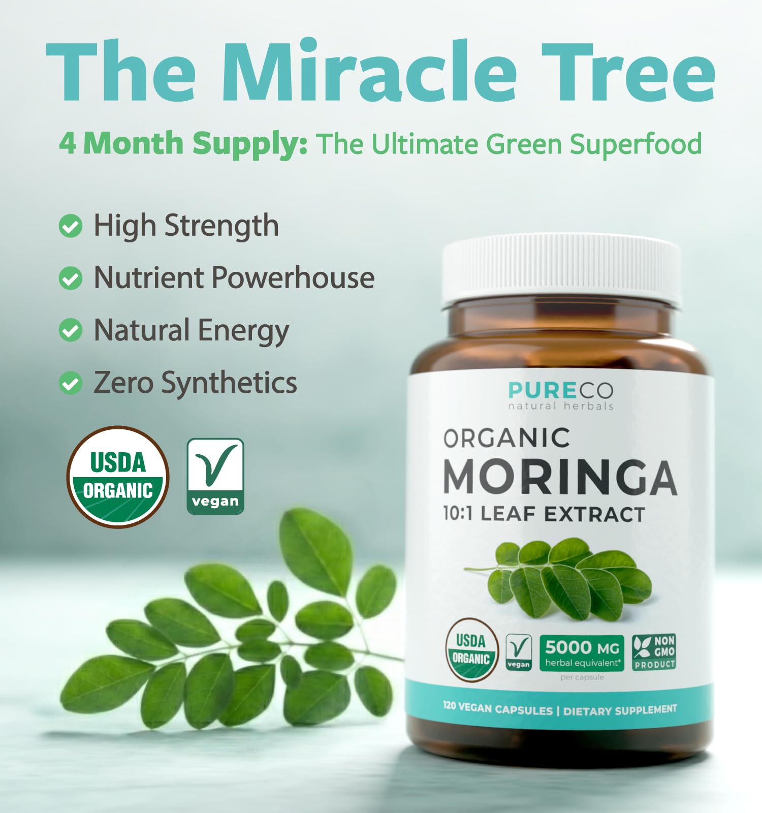 USDA Organic Moringa Capsules - High Potency Organic Moringa 500mg Extract 10:1 Per 1 Capsule Serving - Nutrient Dense Green Superfood Antioxidant