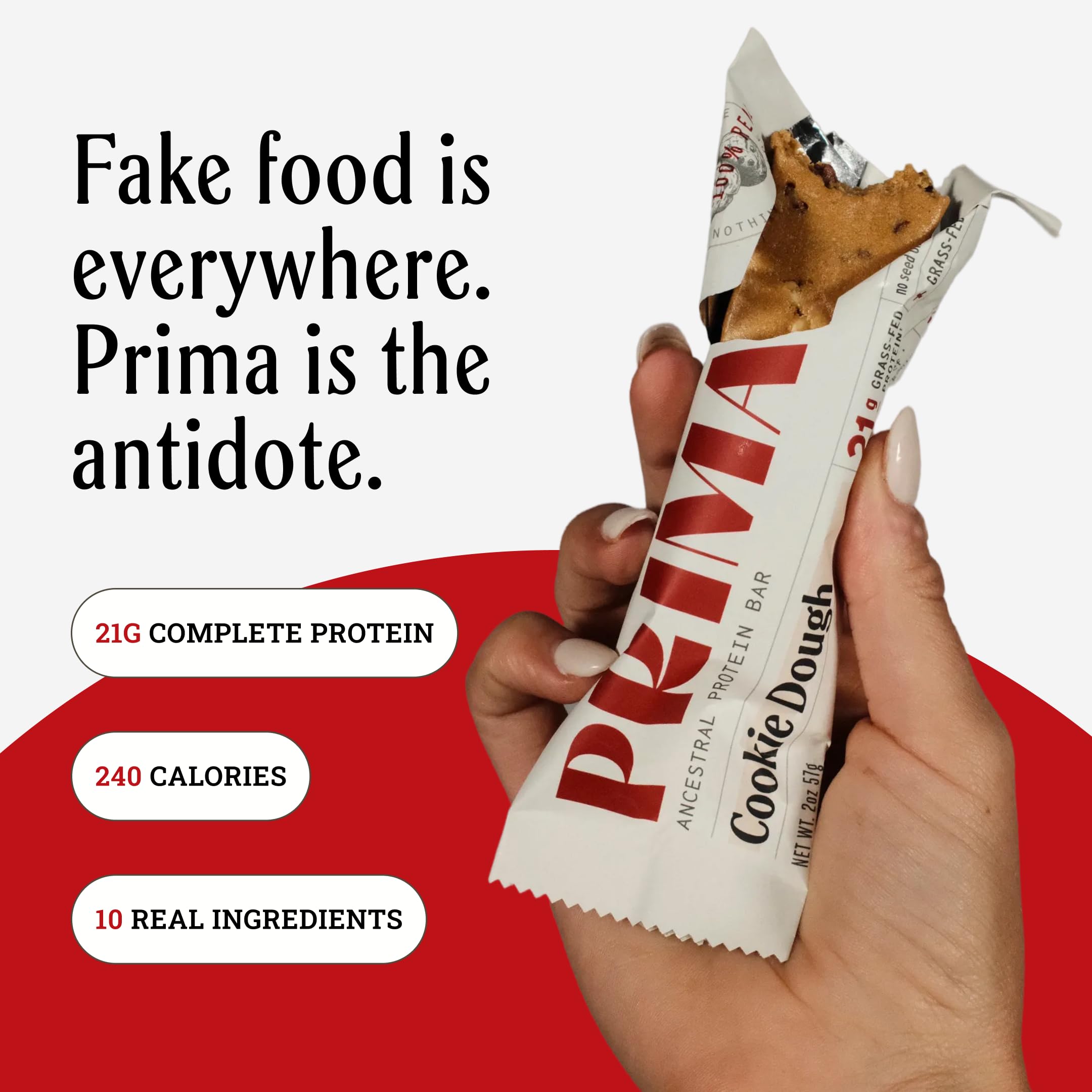 PRIMA Cookie Dough Protein Bar | 21g Grass Fed Whey and Collagen | No Seed Oils, No Preservatives, Raw Honey Sweetened | 7 Pack