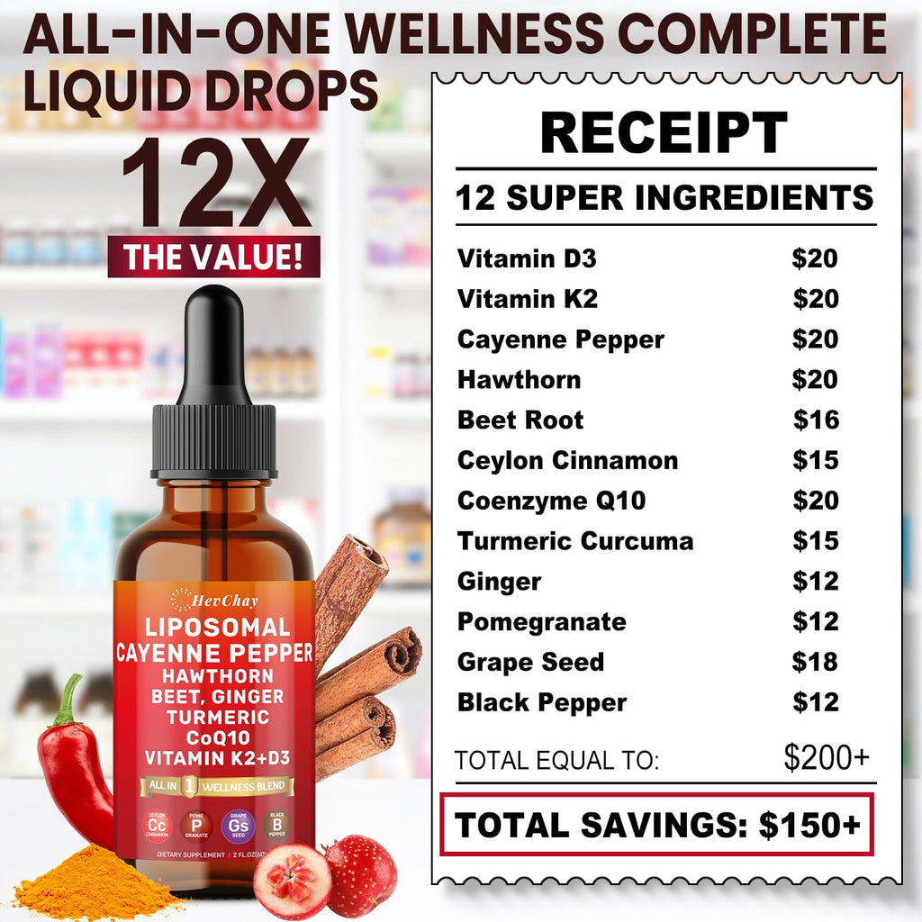 Cayenne Pepper Drops Liposomal Supplement Liquid + Hawthorn Berry, Vitamin D3 K2 Beet Root Powder, Ceylon Cinnamon, CoQ10, Turmeric Curcumin, Cayenne Pepper Extract - 2oz HevChay buy supplements Au