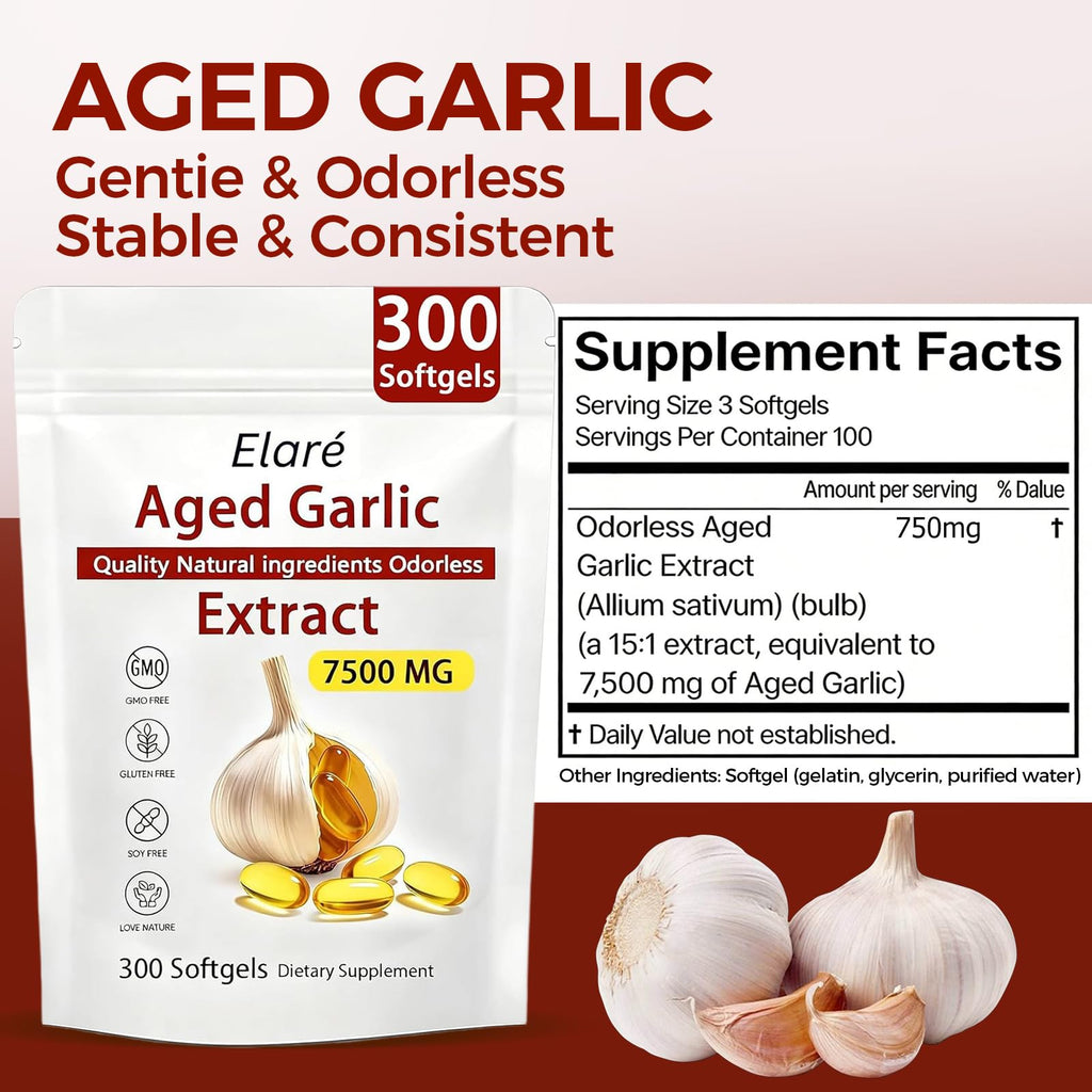 ELARE Aged Garlic Extract Capsules, Odorless Garlic 15:1 Extract Formula - 600 Count, Garlic Supplement, 2-Year Matured