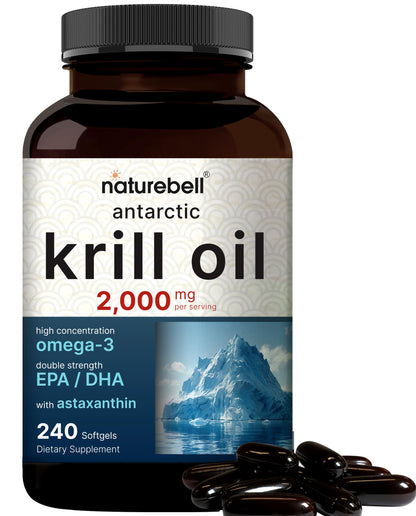 NatureBell Antarctic Krill Oil 2000mg Supplement, 240 Softgels, 3X Strength Natural Source of Omega-3s, EPA 240mg + DHA 160mg + Astaxanthin 800mcg