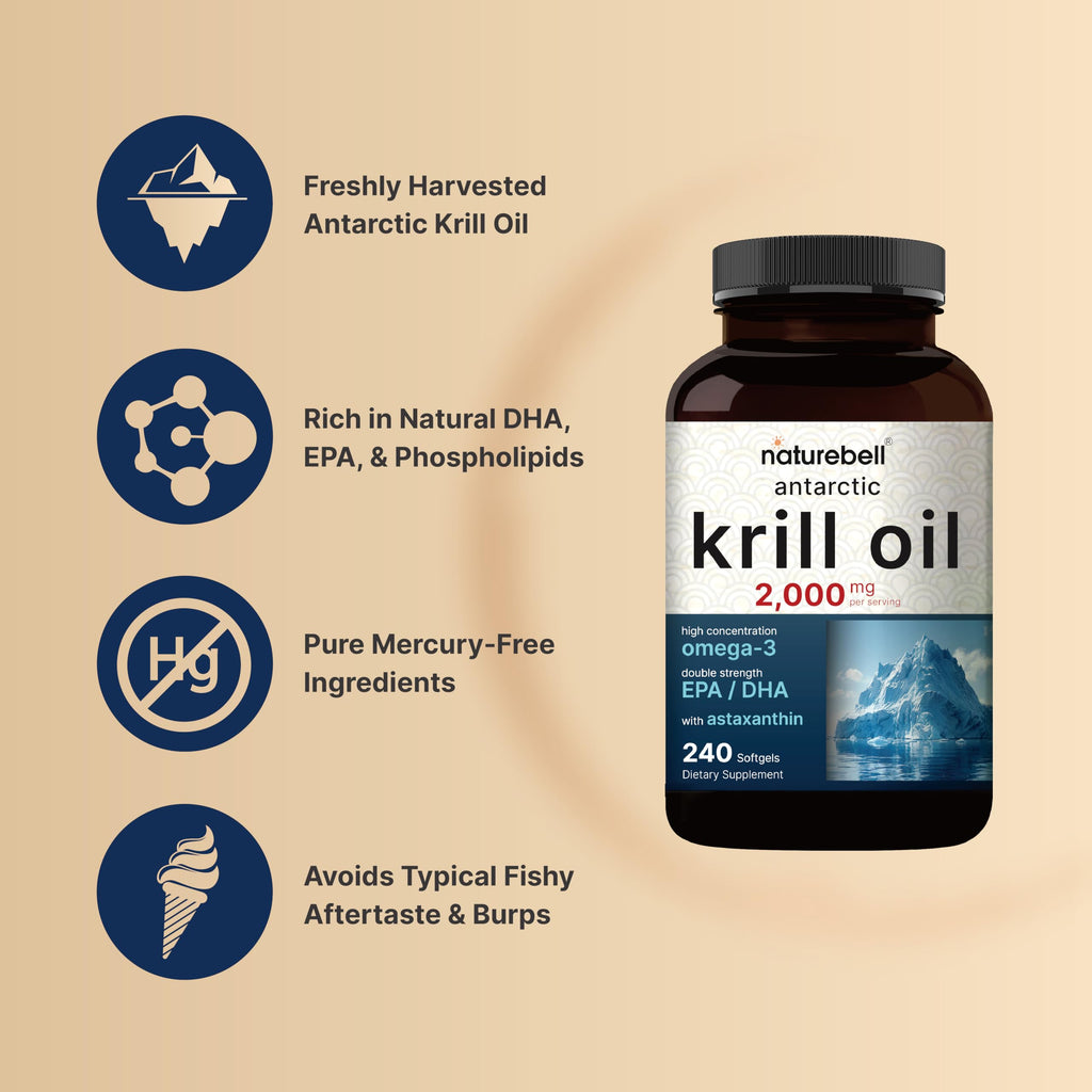 NatureBell Antarctic Krill Oil 2000mg Supplement, 240 Softgels, 3X Strength Natural Source of Omega-3s, EPA 240mg + DHA 160mg + Astaxanthin 800mcg