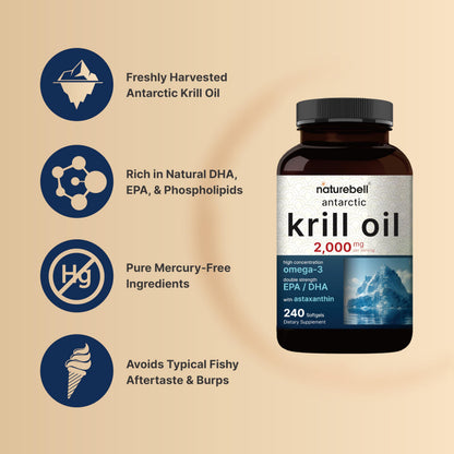 NatureBell Antarctic Krill Oil 2000mg Supplement, 240 Softgels, 3X Strength Natural Source of Omega-3s, EPA 240mg + DHA 160mg + Astaxanthin 800mcg