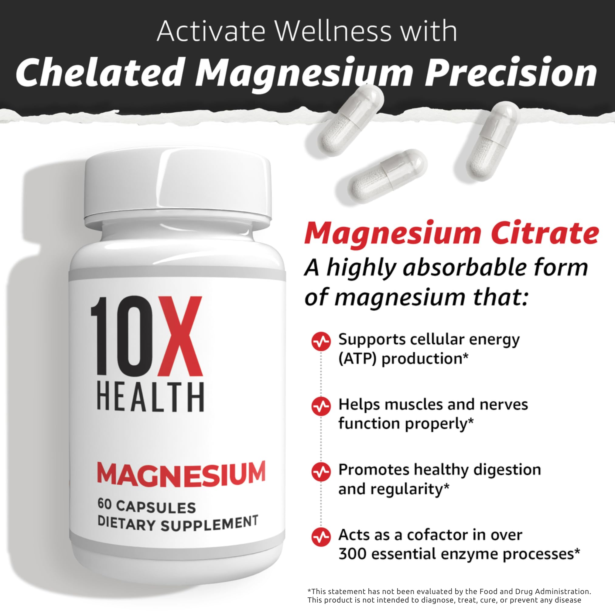 10X Health Magnesium Supplements - High-Absorption Magnesium Citrate for Sleep, Muscle & Nerve Support