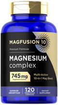 Blue supplement bottle labeled 'Magfusion 10' with gold cap on a white background