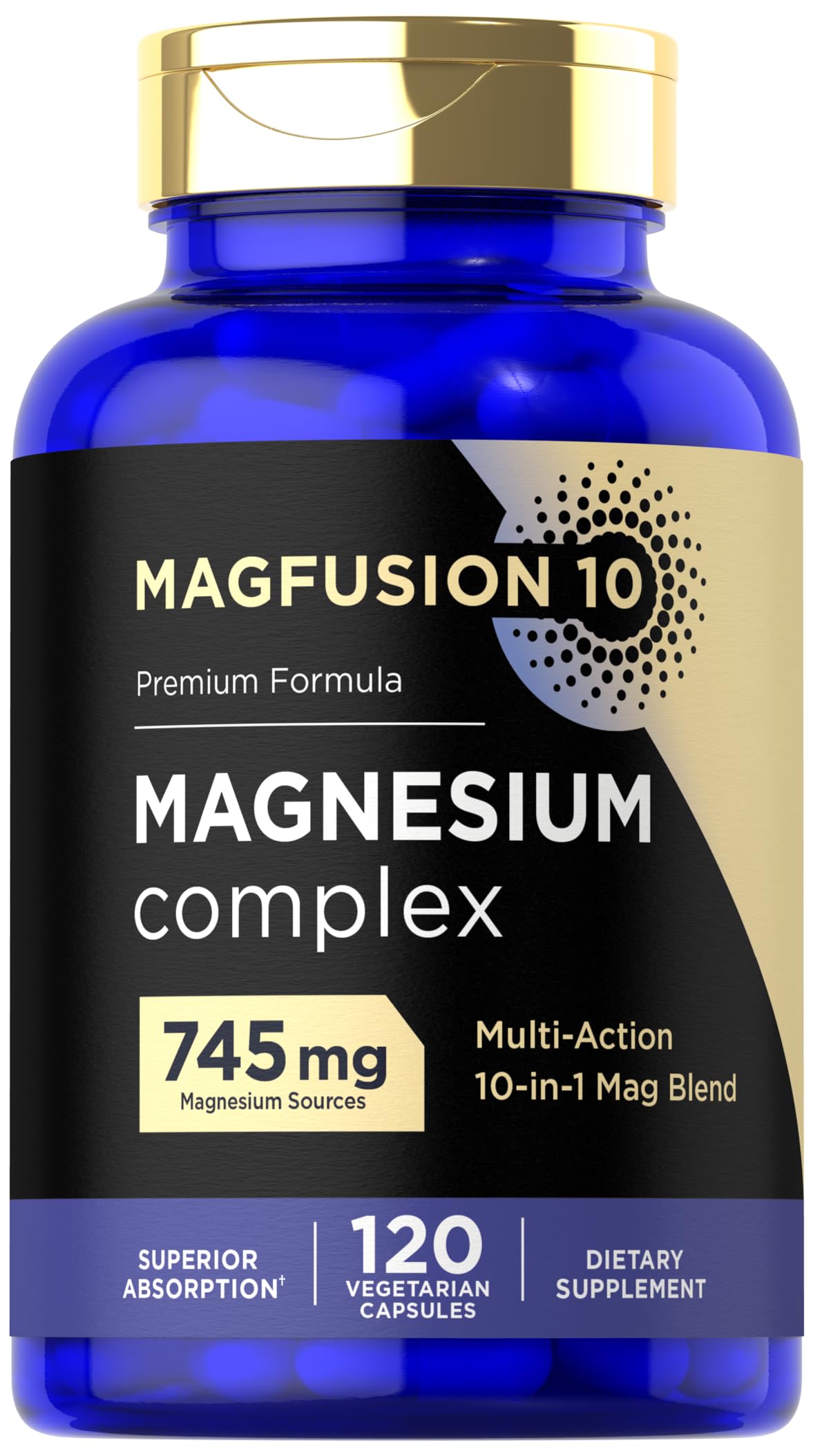 Blue supplement bottle labeled 'Magfusion 10' with gold cap on a white background