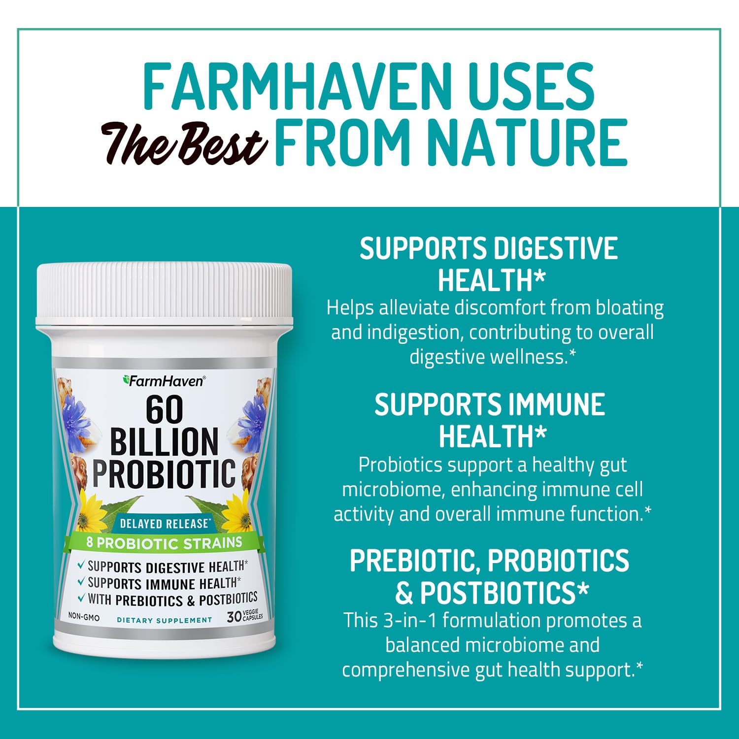 FarmHaven 60 Billion CFU Probiotic - 8 Probiotic Strains - Prebiotics & Postbiotics - Supports Digestive & Immune Health - Delayed Release - Shelf Stable - Non-GMO, Gluten Free - 30 Caps FarmHavenBuy Supplements Australia