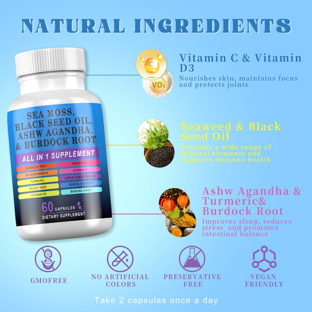 Pyzor Sea Moss Black Seed Oil Ashwagandha Turmeric Bladderwrack Burdock, Elderberry Manuka Dandelion, Burdock Root Turmeric Vitamin D3 Chlorophyll - 60 Capsules Pyzor buy supplements Au